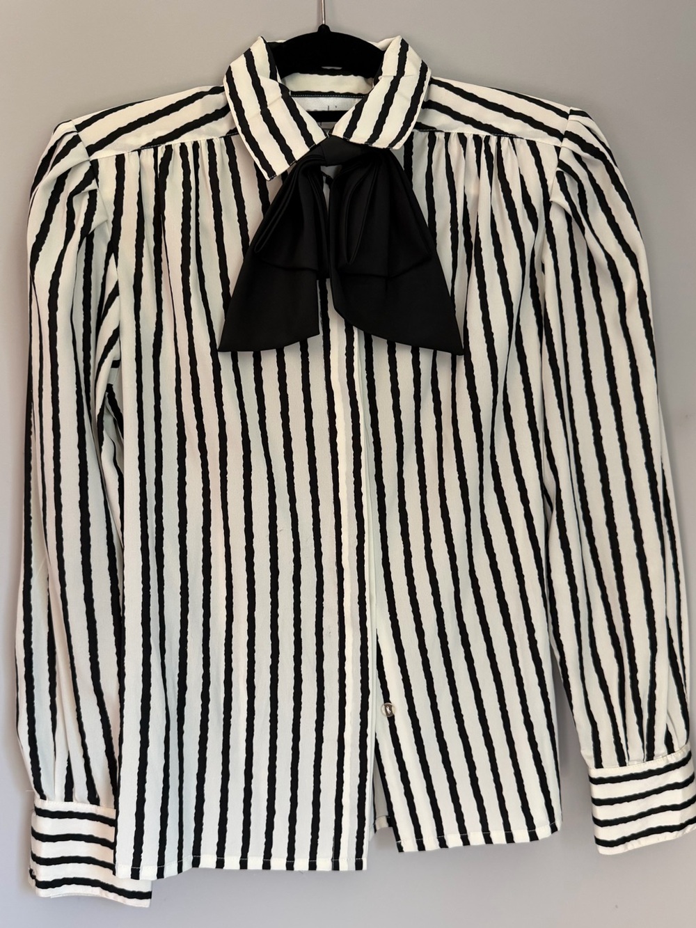 Vintage silky Black & White Striped Bow Tie Blouse - Women Tops